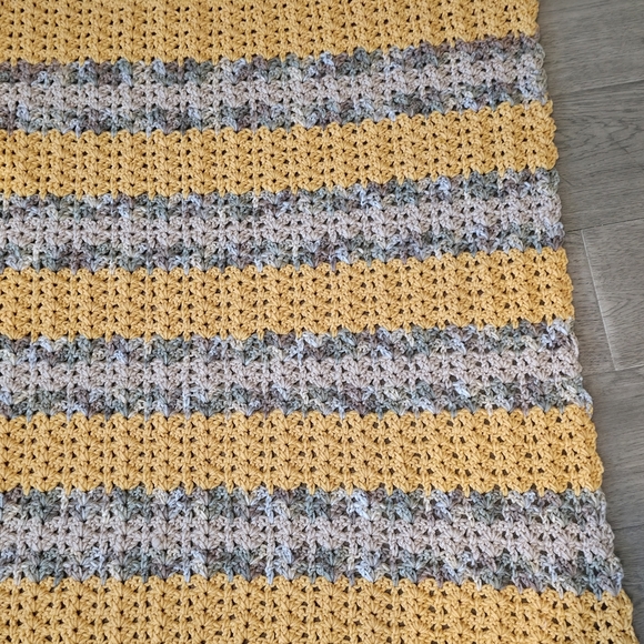 Handmade Crochet Blanket Lapghan Mustard Yellow Earth Tone Stripe Throw 36 X 34 - Picture 5 of 12